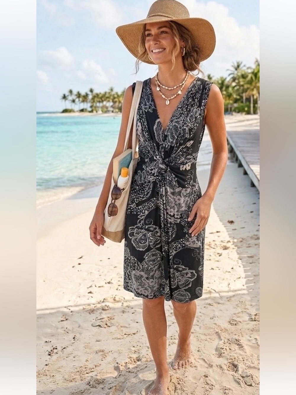 Sleeveless Black Paisley Tie-Front Beach Dress